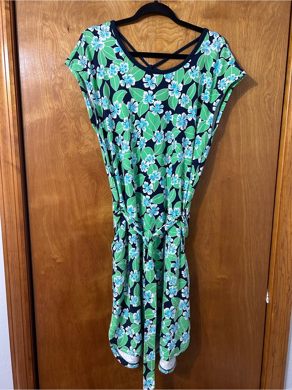 Talbots Navy Floral Tie-Waist Midi Dress with Green Leaves